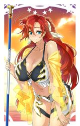 Rule 34 | 1girl, blue eyes, boudica (fate), boudica (third ascension) (fate), breasts, cleavage, fate/grand order, fate (series), izuna nie, large breasts, long hair, looking at viewer, polearm, red hair, smile, solo, swimsuit, weapon
