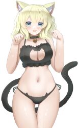 Rule 34 | 1girl, alternate costume, animal ears, bell, black bra, black panties, blonde hair, blue eyes, bra, breasts, cat cutout, cat ear panties, cat ears, cat lingerie, cat tail, cleavage cutout, clothing cutout, colorado (kancolle), cowboy shot, frilled bra, frills, highres, jingle bell, kantai collection, large breasts, meme attire, navel, neck bell, panties, paw pose, redundant-cat, short hair, side-tie panties, simple background, solo, standing, tail, underwear, underwear only, white background