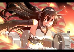 Rule 34 | 10s, 1girl, absurdres, armpits, bad id, bad pixiv id, black hair, breasts, daba, fingerless gloves, fire, gloves, groin, hairband, highres, kantai collection, large breasts, letterboxed, long hair, machinery, midriff, nagato (kancolle), navel, open mouth, personification, red eyes, solo, turret
