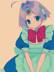 1girl android antenna_hair apron aqua_eyes blue_dress bow bowtie dress expressionless forehead_jewel frilled_apron frills gem hair_intakes highres looking_at_viewer maid maid_apron nitayax pink_bitch_club puffy_short_sleeves puffy_sleeves purple_hair red_bow red_bowtie red_gemstone robot_ears short_hair short_sleeves vyt-24 white_apron