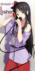 Rule 34 | 1girl, akiyama mio, bare shoulders, belt, belt buckle, black eyes, black hair, bow, bra strap, buckle, cable, clothes writing, cowboy shot, food, fruit, hair bow, highres, holding, holding food, holding fruit, k-on!, listen!!, long hair, microphone, off-shoulder shirt, off shoulder, pants, purple shirt, red bow, red pants, shirt, short sleeves, simple background, solo, star741, strawberry, very long hair, white background