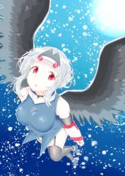 Rule 34 | 1girl, aquaplus, bare shoulders, black wings, breasts, eyelashes, feathered wings, from above, full body, garter straps, headband, ina 03, knee up, large breasts, large wings, long hair, messy hair, mutsumi (utawarerumono), red eyes, sidelocks, silver hair, sleeveless, solo, sunlight, thighhighs, thighs, utawarerumono, wings
