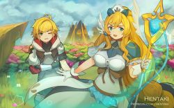 Rule 34 | 1boy, 1girl, :d, aeleen, ahoge, aqua eyes, armor, artist name, blonde hair, blue sky, braid, breasts, cloud, cloudy sky, commentary, day, dragalia lost, dress, english commentary, euden, field, gloves, green eyes, grey dress, hair between eyes, hair ornament, hat, hentaki, holding, holding staff, hood, hood down, hooded jacket, jacket, long hair, looking at viewer, medium breasts, lava, nurse cap, one eye closed, open mouth, outdoors, parted lips, pauldrons, puffy short sleeves, puffy sleeves, short sleeves, shoulder armor, sidelocks, single braid, single pauldron, sky, smile, staff, v-shaped eyebrows, very long hair, watermark, web address, white gloves, white headwear, white jacket