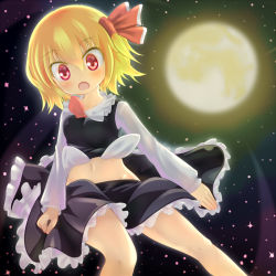 Rule 34 | 1girl, :o, ascot, blonde hair, blush, full moon, gplnbeat, hair ribbon, legs, midriff, moon, navel, red eyes, ribbon, rumia, short hair, solo, touhou, tsurime, wind, wind lift