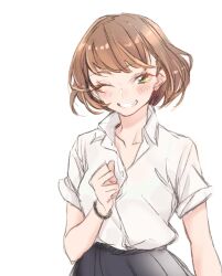 Rule 34 | 1girl, blush, bracelet, brown hair, commentary request, green eyes, grey skirt, highres, jewelry, looking at viewer, one eye closed, original, sasetsu, shirt, short hair, simple background, sketch, skirt, smile, solo, teeth, upper body, white background, white shirt