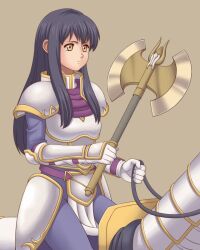 Rule 34 | 1girl, armor, astrid (fire emblem), axe, black hair, blue pants, breastplate, commentary request, fire emblem, fire emblem: path of radiance, gloves, holding, holding axe, horseback riding, ibushi (oath), long hair, nintendo, pants, partial commentary, pauldrons, riding, shoulder armor, simple background, sitting, white armor, white gloves, yellow eyes