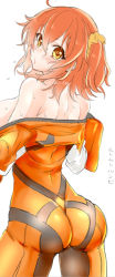 Rule 34 | 1girl, blush, bodysuit, breasts, cowboy shot, fate/grand order, fate (series), from behind, fujimaru ritsuka (female), fujimaru ritsuka (female) (chaldea combat uniform), hair between eyes, hair ornament, hair scrunchie, medium breasts, official alternate costume, orange bodysuit, orange hair, orange scrunchie, scrunchie, shino-o, sideboob, simple background, skin tight, solo, standing, undressing, white background, yellow eyes
