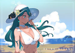 Rule 34 | 1girl, arm at side, bare shoulders, beach, bikini, bikini top only, blue eyes, blue hair, blurry, breasts, character name, cleavage, covered erect nipples, cure mermaid, day, depth of field, earrings, flower, from side, go! princess precure, groin, hat, hat flower, jewelry, kaidou minami, large breasts, light smile, long hair, midriff, multicolored hair, outdoors, precure, rumo, sideboob, smile, solo, sun hat, swimsuit, two-tone hair, upper body, wavy hair, white bikini, white hat