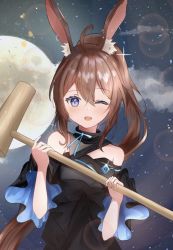 Rule 34 | 1girl, afarisu dayo, ahoge, ambience synesthesia, amiya (arknights), animal ears, arknights, bare shoulders, black dress, blue eyes, blush, brown hair, dress, holding, holding mallet, long hair, mallet, official alternate costume, one eye closed, ponytail, rabbit ears, rabbit girl, solo