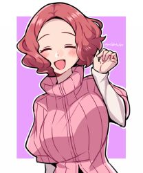 Rule 34 | 1girl, :d, ^ ^, blush, breasts, brown hair, closed eyes, commentary, do m kaeru, closed eyes, large breasts, layered sleeves, long sleeves, okumura haru, open mouth, persona, persona 5, pink sweater, ribbed sweater, short-sleeved sweater, short over long sleeves, short-sleeved sweater, short sleeves, smile, solo, sweater, turtleneck, twitter username, upper body