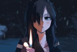 Rule 34 | 1girl, angelia (girls&#039; frontline), black eyes, black hair, black jacket, blurry, blurry background, cigarette, cigarette holder, collarbone, girls&#039; frontline, hair over one eye, highres, hinami047, holding, holding lighter, jacket, jewelry, lighter, long hair, looking at viewer, mouth hold, necklace, open mouth, parted lips, scar, scar on face, snowflakes, solo, upper body