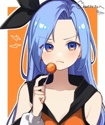 Rule 34 | 1girl, black ribbon, blue eyes, blue hair, blush, borrowed character, candy, closed mouth, collarbone, commentary, commission, food, forehead, hair ribbon, hand up, highres, holding, holding candy, holding food, holding lollipop, hood, hood down, hooded jacket, jacket, lightning bolt symbol, lollipop, long hair, long sleeves, bae minah (chaesu), orange background, orange jacket, original, parted bangs, puffy long sleeves, puffy sleeves, ribbon, signature, skeb commission, sleeveless, sleeveless jacket, sofra, solo, two-tone background, upper body, v-shaped eyebrows, white background