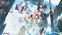 Rule 34 | 1boy, 4girls, abstract background, animal ears, ankle boots, arknights, bare legs, bare shoulders, beads, bird, black coat, black hair, black headwear, black kimono, blindfold, blue fire, blue hair, blue skin, boots, breasts, cloud, coat, collarbone, colored skin, company name, copyright name, dog ears, dragon girl, dragon horns, dragon tail, dress, dusk (arknights), earrings, fiery tail, fire, hand on own hip, highres, holding, holding sword, holding weapon, hood, hood up, horns, jacket, japanese clothes, jewelry, kimono, lava (arknights), lava the purgatory (arknights), long hair, long sleeves, looking at viewer, medium breasts, mr. nothing (arknights), multicolored hair, multiple girls, navel, nian (arknights), official art, open clothes, open coat, open jacket, parted lips, pointy ears, ponytail, prayer beads, purple eyes, purple hair, red eyes, red skin, saga (arknights), sheath, short hair, short shorts, short sleeves, shorts, smile, stomach, streaked hair, sword, tail, tassel, tearlessflower, two-tone hair, unsheathing, very long hair, waving, weapon, white dress, white footwear, white jacket, white shorts