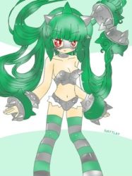 Rule 34 | 1girl, armor, bikini, bikini armor, blush, bracelet, breasts, choker, cleavage, collarbone, creatures (company), ferrothorn, game freak, gen 5 pokemon, green background, green hair, green thighhighs, grey bikini, grey thighhighs, hair ornament, hairband, jewelry, long hair, looking at viewer, mask, medium breasts, midriff, mihhii, navel, nintendo, personification, pokemon, pokemon bw, ponytail, red eyes, smile, spiked armor, spiked bracelet, spiked choker, spiked hairband, spikes, standing, striped clothes, striped thighhighs, swimsuit, thighhighs, twintails, two-tone background, white background