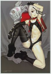 Rule 34 | 1girl, armpits, bag, black one-piece swimsuit, black thighhighs, bondage outfit, bookbag, boots, crotch, elbow gloves, eyepatch, girl&#039;s avenue, gloves, hakua ugetsu, high heel boots, high heels, highres, megami magazine, midriff, one-piece swimsuit, revealing clothes, shoes, sitting, socks, solo, spread legs, swimsuit, tattoo, thighhighs