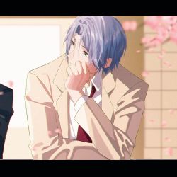 Rule 34 | 1boy, blue eyes, blue hair, cherry blossoms, dhfz181, hasegawa langa, letterboxed, long sleeves, looking to the side, male focus, medium hair, necktie, red necktie, school uniform, sk8 the infinity