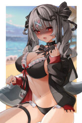 Rule 34 | 1girl, :3, :d, absurdres, alternate costume, bandaid, bandaid hair ornament, bandaid on neck, beach, bikini, black bikini, black collar, black hair, black jacket, black nails, black ribbon, blunt bangs, blurry, blurry background, blush, border, bow, braid, braided hair rings, breasts, cleavage, collar, commentary request, day, drill hair, fang, frilled bikini, frills, grey hair, hair bow, hair ornament, hair ribbon, hair rings, hairclip, halterneck, hand up, heart-shaped lock, highres, hololive, inu (sakamata chloe), jacket, large breasts, linea alba, looking at viewer, multicolored hair, nail polish, navel, o-ring, o-ring thigh strap, ocean, official alternate hairstyle, open clothes, open jacket, open mouth, orca, outdoors, pasuterusawaa, red eyes, red jacket, ribbon, sakamata chloe, shaded face, single off shoulder, sitting, smile, solo, stomach, streaked hair, swimsuit, thigh strap, twin drills, two-sided fabric, two-sided jacket, variant set, virtual youtuber, white border, x hair ornament, yandere