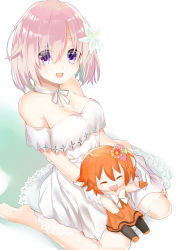 Rule 34 | 2girls, :d, bare shoulders, barefoot, breasts, chashiba, chibi, choker, cleavage, dress, eyes visible through hair, fate/grand order, fate (series), flower, fujimaru ritsuka (female), fujimaru ritsuka (female) (starlight fest), gloves, green flower, hair flower, hair ornament, hair over one eye, highres, light purple hair, looking at viewer, mash kyrielight, mash kyrielight (formal dress), multiple girls, official alternate costume, open mouth, purple eyes, ribbon choker, short hair, sitting, smile, wariza, white dress, white gloves