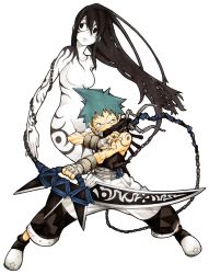 Rule 34 | 00s, 1boy, 1girl, absurdres, alternate hairstyle, aqua hair, belt, biceps, black hair, black star, blue hair, bracer, breasts, chain, colored skin, covered mouth, fighting stance, fingerless gloves, floating hair, full body, gloves, grey eyes, groin, hair between eyes, hair down, highres, holding, holding weapon, kusarigama, legs apart, long hair, looking to the side, medium breasts, nakatsukasa tsubaki, navel, no nipples, nude, official art, ohkubo atsushi, outstretched arm, parted lips, personification, ponytail, red eyes, serious, short hair, sickle, sidelocks, simple background, sleeveless, sleeveless turtleneck, soul eater, source request, spiked hair, star (symbol), studded belt, sword, tattoo, turtleneck, very long hair, weapon, white background, white skin