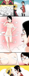 Rule 34 | 1boy, 1girl, absurdres, bare shoulders, barefoot, black eyes, black hair, blonde hair, blush, breasts, close-up, cloud, comic, convenient censoring, closed eyes, glasses, hand on own hip, headband, highres, long image, matching hair/eyes, medium breasts, motion lines, naruto, naruto (series), navel, nude, one eye closed, open mouth, parted lips, short hair, silent comic, sky, smoke, smoke censor, standing, steam, steam censor, sweatdrop, takaya n, tall image, tears, teeth, textless version, tongue, tongue out, uchiha sarada, uzumaki boruto, wink