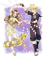 Rule 34 | 1boy, 1girl, aerith gainsborough, aerith gainsborough (citric dress), armor, bare shoulders, black sailor collar, black shirt, black shorts, black wristband, blonde hair, blue eyes, boots, border, bracelet, breasts, brown footwear, brown gloves, brown hair, cleavage, cloud print, cloud strife, cloud strife (maritime sailor), couple, dancing, dress, earrings, elbow pads, final fantasy, final fantasy vii, final fantasy vii ever crisis, fingerless gloves, firework background, fireworks, food-themed earrings, food themed earrings, fruit print, full body, gloves, gold armlet, gold belt, gold choker, gold footwear, green eyes, green ribbon, hair ribbon, half updo, happy, hetero, holding hands, jewelry, jo ro ri, leather armor, long dress, long hair, looking at another, medium breasts, multiple bracelets, multiple rings, official alternate costume, open mouth, orange-shaped earrings, orange-shaped ornament, orange print, parted bangs, print dress, purple background, ribbon, ring, sailor collar, see-through, see-through skirt, shirt, short hair, short sleeves, shorts, shoulder armor, side slit, sidelocks, single elbow pad, single glove, skirt, smile, spiked hair, strapless, strapless dress, toeless footwear, twitter username, white border