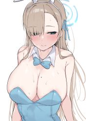 Rule 34 | 1girl, animal ears, areola slip, asuna (blue archive), asuna (bunny) (blue archive), bare shoulders, blue archive, blue sailor collar, blush, bow, bowtie, breasts, cleavage, detached collar, fake animal ears, hair over one eye, hair ribbon, highres, kobinbin, large breasts, leotard, long hair, mole, mole on breast, playboy bunny, rabbit ears, ribbon, sailor collar, simple background, solo, sweat, traditional bowtie, white background
