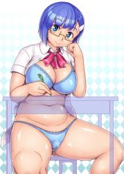 Rule 34 | 1girl, argyle, argyle background, argyle clothes, belly, blue eyes, blue hair, blush, bra, breasts, cameltoe, chair, cleavage, desk, fat step-sister (orizen), female focus, glasses, hair ornament, hairclip, highres, large breasts, looking at viewer, matching hair/eyes, mechanical pencil, navel, no pants, open clothes, open shirt, original, orizen, panties, pencil, plump, see-through, shirt, short hair, sitting, smile, solo, underwear