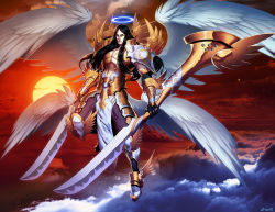 Rule 34 | 1boy, above clouds, angel, armor, black hair, blade, cloud, dual wielding, genzoman, halo, holding, holding sword, holding weapon, lucifer (mythology), multiple wings, mythology, shoulder armor, solo, sword, the bible, weapon, wings