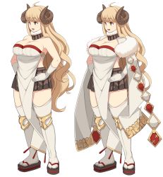 Rule 34 | ahoge, anila (granblue fantasy), blonde hair, blunt bangs, breasts, commentary request, curvy, draph, eyebrows, fur trim, gloves, granblue fantasy, hand on own hip, hands on own hips, highres, horns, large breasts, long hair, michihasu, pointy ears, sheep, sheep horns, short eyebrows, thick eyebrows, wavy hair, white gloves, yellow eyes
