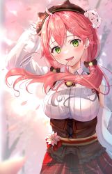 Rule 34 | 1girl, 35p (sakura miko), :d, absurdres, ahoge, animal hat, bare shoulders, bell, beret, blush, bodice, cat hat, cherry blossoms, collared shirt, corset, detached sleeves, green eyes, hair between eyes, hair ornament, hairclip, hat, highres, hololive, long hair, looking at viewer, low twintails, neck bell, open mouth, pink hair, plaid, plaid skirt, red skirt, sakura miko, sakura miko (casual), shiotsuke sasami, shirt, skirt, smile, solo, suspenders, twintails, underbust, upper body, virtual youtuber