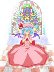 Rule 34 | 1girl, bat wings, blouse, blue hair, blush, buttons, checkered floor, closed eyes, female focus, floor, flower, frills, halo, hands on own chest, hat, hat ribbon, light, own hands together, remilia scarlet, ribbon, seiza, shirt, short sleeves, sitting, skirt, smile, solo, stained glass, touhou, umi suzume, wall, window, wings