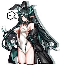 Rule 34 | ..., 1girl, absurdres, adapted costume, arknights, bare shoulders, bitey (arknights), black coat, black hair, blue hair, blush, breasts, cleavage, closed mouth, coat, colored inner hair, covered navel, creature, cropped legs, detached collar, dragon horns, dusk (arknights), godgamesc2, groin, hair over one eye, highres, holding, horns, leotard, long hair, medium breasts, multicolored hair, necktie, open clothes, open coat, red eyes, red necktie, simple background, solo focus, speech bubble, spoken ellipsis, strapless, strapless leotard, two-tone hair, very long hair, white background, white leotard