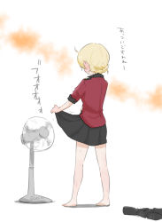 Rule 34 | 1girl, barefoot, black footwear, black skirt, blonde hair, boots, unworn boots, braid, clothes lift, commentary, darjeeling (girls und panzer), electric fan, facing away, fanning crotch, unworn footwear, from behind, girls und panzer, jacket, lifted by self, long sleeves, military, military uniform, miniskirt, motion lines, nishizumi shiho, pleated skirt, red jacket, shadow, short hair, skirt, skirt lift, solo, st. gloriana&#039;s military uniform, standing, sweat, translated, twin braids, uniform, white background, yuuhi (arcadia)