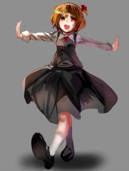 Rule 34 | 1girl, bad id, bad pixiv id, blonde hair, fang, hair rings, highres, hizagawa rau, long sleeves, looking at viewer, open mouth, outstretched arms, red eyes, rumia, shirt, short hair, skirt, skirt set, smile, solo, touhou, vest, walking