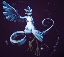 Rule 34 | 1girl, anokorok, arm up, articuno, beak, breasts, claws, creatures (company), closed eyes, feet, female focus, full body, furry, furry female, game freak, gen 1 pokemon, legendary pokemon, crossed legs, navel, nintendo, nipples, personification, pokemon, pokemon (creature), purple background, simple background, sitting, small breasts, solo, source request, sparkle, tail, wings