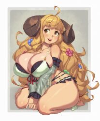 Rule 34 | 1girl, absurdres, ahoge, anila (granblue fantasy), blonde hair, blunt bangs, blush, breasts, cleavage, curvy, draph, granblue fantasy, highres, horns, huge breasts, large breasts, long hair, looking at viewer, open mouth, pointy ears, riz, sheep horns, short eyebrows, smile, solo, thick eyebrows, thick thighs, thighs, very long hair, yellow eyes
