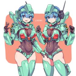 Rule 34 | 2girls, :o, black gloves, blue eyes, blue hair, breasts, clenched hands, covered navel, gloves, gundam, gundam unicorn, highres, mecha musume, medium breasts, michi kuso, missile pod, multiple girls, open hand, open hands, open mouth, personification, short hair, signature, skin tight, stark jegan, thighhighs