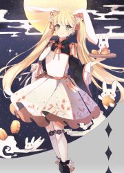 Rule 34 | 1girl, animal, animal ears, black footwear, black shirt, blonde hair, blush, closed mouth, commentary request, dress, egasumi, flower, full moon, green eyes, hair flower, hair ornament, hair ribbon, highres, holding, holding tray, long hair, long sleeves, looking at viewer, mid-autumn festival, moon, night, night sky, official art, original, over-kneehighs, pleated dress, rabbit, rabbit ears, red ribbon, ribbon, shirt, sky, smile, solo, star (sky), starry sky, thighhighs, tray, twintails, very long hair, white dress, white flower, white thighhighs, wide sleeves, yuizayomiya