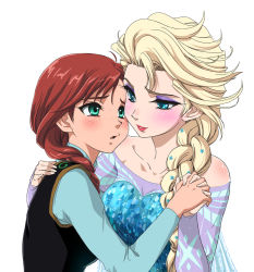 Rule 34 | 2girls, anime coloring, anna (frozen), aqua eyes, bare shoulders, blonde hair, blush, braid, disney, elsa (frozen), eye contact, freckles, frozen (disney), fujimaru (kinakomucch), green eyes, holding hands, incest, interlocked fingers, long hair, looking at another, multiple girls, red hair, siblings, simple background, single braid, sisters, white background, yuri