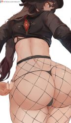 Rule 34 | 1girl, absurdres, ass, black nails, black shorts, bra, brown hair, come hither, fishnet pantyhose, fishnets, from behind, genshin impact, highres, hu tao (genshin impact), huge ass, long hair, looking at viewer, looking back, mirai hikari, nail polish, pantyhose, pantylines, red eyes, shiny clothes, shiny skin, shorts, solo, thong, twintails, underwear, very long hair