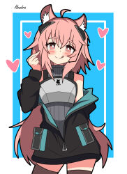 Rule 34 | 1girl, :p, absurdres, animal ear fluff, animal ears, arknights, black jacket, blue background, border, brown thighhighs, commentary request, cowboy shot, dress, finger heart, gravel (arknights), grey dress, hair ornament, hendra, highres, inset border, jacket, kingdom of kazimierz logo, long hair, looking at viewer, partially unzipped, pink hair, signature, simple background, sleeveless, sleeveless dress, solo, thighhighs, tongue, tongue out