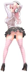 Rule 34 | 1girl, ass, blush, breasts, checkered clothes, checkered legwear, cleft of venus, full body, headphones, high heels, highres, huge breasts, long hair, looking at viewer, looking back, meme attire, nitroplus, open-chest sweater, panties, pantyshot, partially visible vulva, pink hair, red eyes, ribbed sweater, solo, standing, super sonico, sweater, thighhighs, thong, transparent background, underwear, v-mag