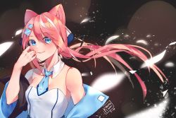 Rule 34 | 1girl, android, animal ears, bare shoulders, black jacket, black ribbon, blue eyes, blue necktie, blush, breasts, closed mouth, collar, commentary, detached collar, english commentary, floating hair, hair between eyes, hair ribbon, jacket, joints, kobutanori, long hair, looking at viewer, necktie, off shoulder, open clothes, open jacket, pink hair, power symbol, ribbon, robot ears, robot joints, shirt, short necktie, small breasts, smile, solo, strapless, strapless shirt, upper body, very long hair, virtual youtuber, vyugen, white collar, white shirt, wing collar, yuniiho (vtuber)