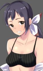Rule 34 | 1girl, ahoge, black bra, blush, bra, breasts, chirashi (so), fujinami (kancolle), gradient hair, grey background, grin, hair ribbon, kantai collection, long hair, looking at viewer, medium breasts, multicolored hair, open clothes, open shirt, ponytail, purple hair, ribbon, shirt, simple background, smile, solo, striped bra, striped clothes, underwear, upper body, yellow eyes