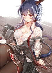 Rule 34 | 1girl, arknights, black pantyhose, black skirt, black vest, blue hair, blush, bra, breasts, bucket, ch&#039;en (arknights), cleavage, clouble, collarbone, commentary, cup, dragon horns, dragon tail, drinking glass, hair between eyes, highres, horns, long hair, long sleeves, looking at viewer, medium breasts, pantyhose, red eyes, see-through, shirt, sitting, skirt, solo, tail, underwear, v-shaped eyebrows, vest, water, wet, wet clothes, wet shirt, white shirt, wrist cuffs
