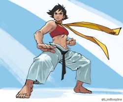Rule 34 | 1girl, barefoot, belt, black belt, black eyes, breasts, choker, clenched hand, commentary, english commentary, fighting stance, fingernails, full body, horse stance, karate, makoto (street fighter), martial arts belt, midriff, navel, no shirt, pants, red sports bra, ribbon choker, short hair, small breasts, solo, sports bra, street fighter, street fighter iii (series), toenails, toes, tomboy, toned, twitter username, wallace pires, white pants, yellow choker