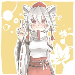 Rule 34 | &gt;:3, 1girl, :3, animal ears, bad id, bad pixiv id, bare shoulders, blush, detached sleeves, hand fan, female focus, flying sweatdrops, hat, inubashiri momiji, long sleeves, lowres, nexs (akl), red eyes, silver hair, solo, sweat, tokin hat, touhou, v, v-shaped eyebrows, wide sleeves, wolf ears, yellow background