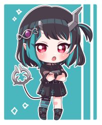 Rule 34 | 1girl, :o, absurdres, belt, black belt, black dress, black footwear, black hair, blue background, blue hair, blue pantyhose, blush, boots, chibi, commentary request, cross print, crossed arms, demon girl, demon horns, demon tail, dress, eye hair ornament, fang, flat chest, full body, grey pantyhose, highres, horns, kino haruc, looking at viewer, medium bangs, medium hair, multicolored hair, nanashi inc., official alternate costume, one side up, open mouth, outline, pantyhose, pointy ears, print dress, red eyes, shishio chris, shishio chris (3rd costume), short sleeves, single leg pantyhose, solo, striped clothes, striped pantyhose, tail, two-tone hair, v-shaped eyebrows, virtual youtuber, white outline, wristband