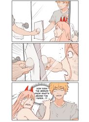 Rule 34 | 1boy, 1girl, blonde hair, chainsaw man, commentary, demon horns, denji (chainsaw man), egg, emphasis lines, english commentary, english text, giganticbuddha, grey shirt, hair between eyes, hands on another&#039;s shoulder, highres, holding, holding egg, horns, long hair, messy hair, mirror, open mouth, paper, pink hair, power (chainsaw man), red eyes, reflection, scared, sharp teeth, shirt, short hair, short sleeves, sweat, tank top, teeth, towel, trembling, upper body, v-shaped eyebrows, white background, white shirt, yellow eyes