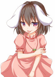 Rule 34 | 1girl, animal ears, brown hair, rabbit ears, carrot, carrot necklace, dress, hisae (hisae collect), inaba tewi, jewelry, necklace, pendant, pink dress, puffy short sleeves, puffy sleeves, red eyes, short sleeves, smile, solo, tongue, tongue out, touhou